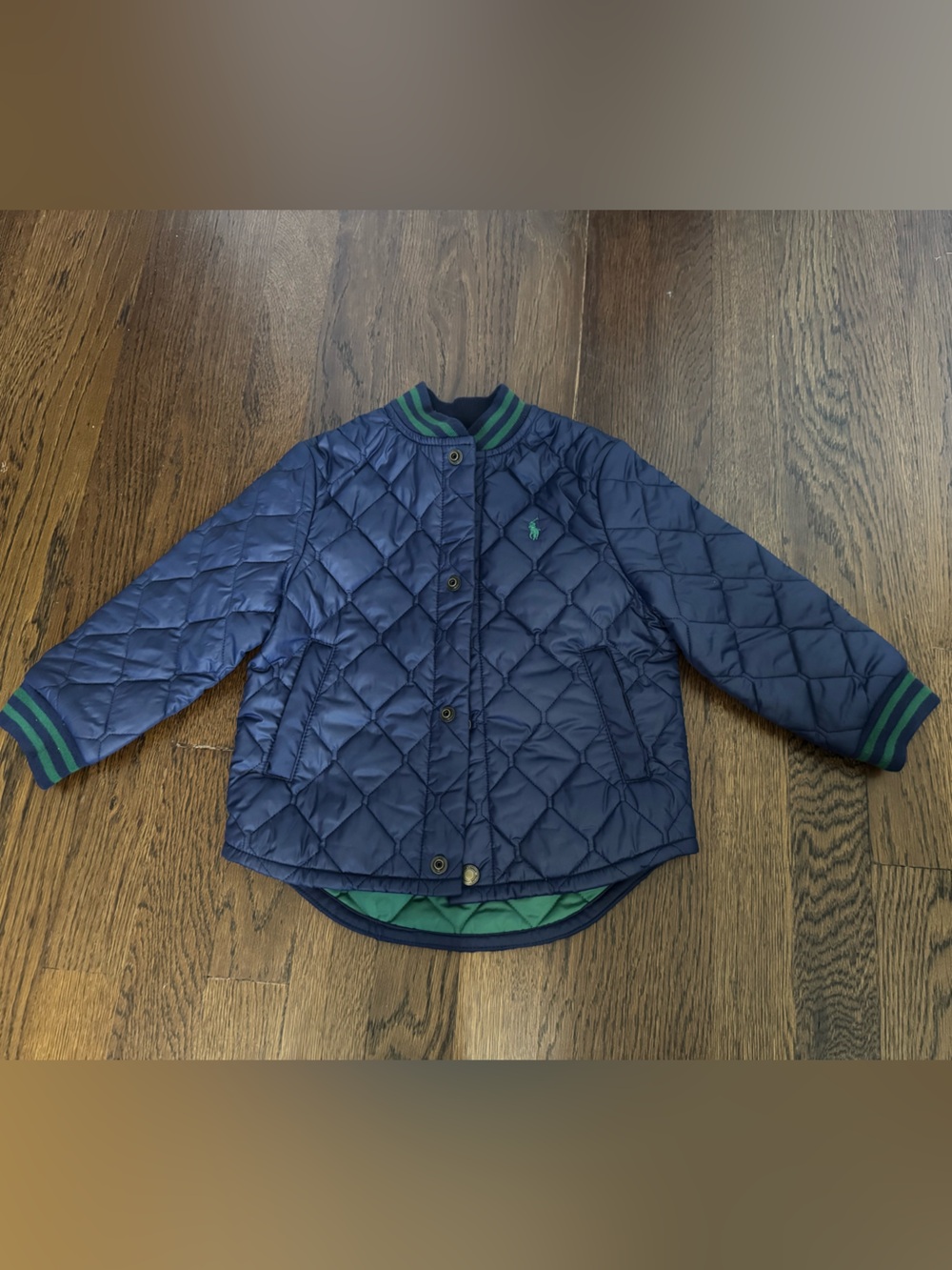 Ralph Lauren Navy Quilted Puffer Jacket with Green Trim